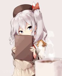 Rule 34 | 1girl, beret, blue eyes, blurry, depth of field, epaulettes, grey background, hair between eyes, hat, holding, jacket, kantai collection, kashima (kancolle), kerchief, long sleeves, short hair, silver hair, simple background, solo, stardust-kun, two side up, white jacket
