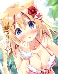 Rule 34 | 1girl, animal ear fluff, animal ears, bare shoulders, bikini, blonde hair, blue eyes, blush, bow, braid, breasts, cat ears, cat girl, cat tail, chestnut mouth, cleavage, collarbone, commentary request, covered erect nipples, day, dutch angle, fang, flower, front-tie bikini top, front-tie top, hair between eyes, hair bow, hair flower, hair ornament, jewelry, large breasts, long hair, looking at viewer, nose blush, original, outdoors, pan (mimi), parted lips, pendant, pink bikini, pink flower, red flower, solo, swimsuit, tail, tail raised, wet, white bow, yellow flower