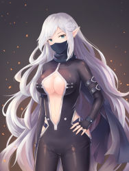 Rule 34 | 1girl, absurdres, arm at side, arm belt, blue eyes, breasts, cleavage, dew (7302235), dungeon and fighter, ear piercing, earrings, fingerless gloves, flower, gloves, grey background, hair flower, hair ornament, hand on own hip, highres, jewelry, large breasts, long hair, mask, navel, open clothes, piercing, pointy ears, silver hair, very long hair, white flower