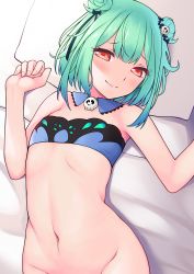 Rule 34 | 1girl, aqua hair, bad id, bad pixiv id, bare arms, bare shoulders, bottomless, closed mouth, detached collar, double bun, flat chest, hair bun, hair ornament, hair ribbon, hair scrunchie, half-closed eyes, highres, hololive, ishiusu, looking at viewer, lying, navel, on back, on bed, red eyes, ribbon, scrunchie, sidelocks, skull hair ornament, smile, solo, stomach, strapless, tube top, uruha rushia, uruha rushia (1st costume), virtual youtuber