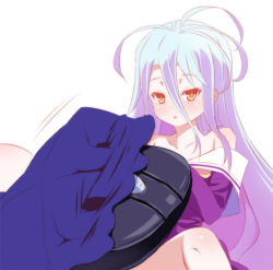 Rule 34 | 10s, 1girl, akage, bare shoulders, blue hair, blush, dress, feet, holding with feet, long hair, no game no life, no shoes, open mouth, orange eyes, shiro (no game no life), simple background, socks, solo