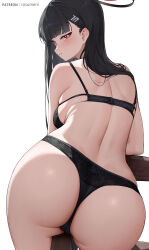 Rule 34 | 1girl, absurdres, ass, back, black bra, black hair, black halo, black panties, blue archive, bra, breasts, from behind, hair ornament, hairclip, halo, highres, large breasts, long hair, looking back, panties, parted lips, patreon username, red eyes, rio (blue archive), rosumerii, simple background, skindentation, solo, underwear, white background