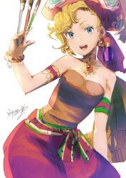 Rule 34 | armlet, baggy pants, bare shoulders, blonde hair, blue eyes, bracelet, breasts, cowboy shot, earrings, final fantasy, final fantasy vi, head scarf, highres, holding, holding paintbrush, jewelry, looking at viewer, miyama (lacrima01), multicolored clothes, multicolored headwear, open mouth, paintbrush, pants, pendant choker, red pants, relm arrowny, short hair, signature, small breasts, smile, strapless, teeth, tube top, upper teeth only, waist sash, wavy hair, white background, wristband