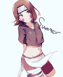 Rule 34 | 1girl, arms behind back, brown eyes, brown hair, crop top, facial mark, forehead protector, groin, highres, midriff, naruto (series), naruto shippuuden, navel, nohara rin, red shorts, sekisei, shorts, simple background, smile, solo
