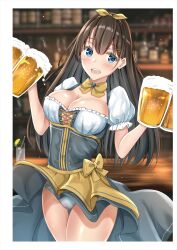 Rule 34 | 1girl, absurdres, alcohol, apron, beer, beer mug, blue eyes, blurry, blurry background, blush, breasts, brown hair, cameltoe, cleavage, cup, dress, dual wielding, frills, hair ornament, hairband, hairclip, highres, holding, indoors, large breasts, long hair, mug, neck ribbon, open mouth, original, panties, puffy short sleeves, puffy sleeves, ribbon, shiny skin, short sleeves, simple background, skirt, smile, solo, sunsun2812, tavern, teeth, thighs, underwear, upper teeth only, waist apron, waitress