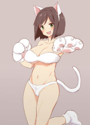 Rule 34 | 10s, 1girl, animal ears, animal hands, blush, bra, breasts, brown hair, cameltoe, cat ears, cat paws, cat tail, chameleon (ryokucha combo), cleavage, fang, green eyes, idolmaster, idolmaster cinderella girls, large breasts, looking at viewer, maekawa miku, navel, open mouth, panties, short hair, simple background, smile, solo, tail, underwear, underwear only, white bra, white panties