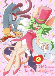 Rule 34 | 1girl, 2boys, animal ears, blush stickers, breasts, gloves, green hair, hat, heart (mad rat dead), highres, leotard, mad rat, mad rat dead, matra usagi, mouse (animal), mouse ears, mouse girl, mouse tail, multiple boys, nippon ichi, rat god, red eyes, stitches, tail, tie clip, top hat, wings, wrist cuffs