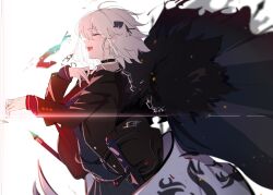 1girl banner fate/grand_order fate_(series) flag grey_hair hair_between_eyes highres jeanne_d&#039;arc_alter_(avenger)_(fate) jeanne_d&#039;arc_alter_(fate) luminosite_eternelle ri_o_ne_su school_uniform short_hair simple_background smile solo standard_bearer yellow_eyes