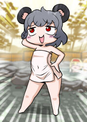 Rule 34 | 3girls, absurdres, alice margatroid, animal ears, arm behind head, blurry, blurry background, blush, commentary request, cookie (touhou), covered navel, emphasis lines, flat chest, full body, grey hair, hairband, highres, ichigo (cookie), incredibly absurdres, kirisame marisa, looking afar, medium bangs, mouse ears, mouse girl, multiple girls, naked towel, nazrin, nyon (cookie), onsen, open mouth, outdoors, red eyes, red hairband, short hair, smile, solo focus, standing, suzu (cookie), touhou, towel, tree, tsukuru hajime, upturned eyes, water