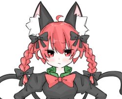 Rule 34 | 1girl, :/, ahoge, animal ear fluff, animal ears, black bow, bow, bowtie, braid, breasts, cat ears, cat tail, commentary request, dress, extra ears, fang, fang out, frills, fumomono, glaring, grey dress, hair bow, hair ribbon, hands on own hips, juliet sleeves, kaenbyou rin, light blush, long hair, long sleeves, medium breasts, multiple tails, nekomata, puffy sleeves, red bow, red bowtie, red eyes, red hair, ribbon, simple background, skin fang, solo, straight-on, tail, touhou, tress ribbon, twin braids, two tails, upper body, white background