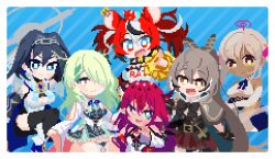 Rule 34 | 6+girls, antlers, blue background, blue eyes, blue hair, brown eyes, brown hair, ceres fauna, green hair, hakos baelz, heterochromia, holocouncil, holocure, hololive, hololive english, horns, irys (hololive), looking at viewer, multiple girls, nanashi mumei, ouro kronii, potato7192, purple hair, red hair, tsukumo sana, virtual youtuber, yellow eyes