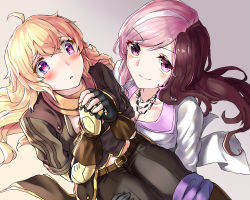 Rule 34 | 2girls, ahoge, belt, black gloves, blonde hair, blush, breasts, brown hair, carrying, cleavage, commentary, fingerless gloves, gloves, heart, heart-shaped pupils, jewelry, long hair, multicolored hair, multiple girls, necklace, neo politan, open mouth, pink eyes, pink hair, princess carry, purple eyes, rwby, smile, split-color hair, symbol-shaped pupils, tl (xdd), two-tone hair, yang xiao long, yuri