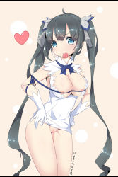 Rule 34 | 10s, 1girl, black hair, blue eyes, breasts, cleavage, cleavage cutout, clothing cutout, condom, condom in mouth, dress, dungeon ni deai wo motomeru no wa machigatteiru darou ka, gloves, hestia (danmachi), highres, long hair, looking at viewer, mouth hold, nipples, no panties, pussy, rei no himo, ripe.c, smile, solo, twintails, uncensored, white dress, white gloves