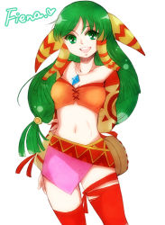 Rule 34 | 1girl, :d, arm behind back, breasts, character name, cleavage, feena (grandia), grandia, grandia i, green eyes, green hair, hair ornament, hair tubes, jewelry, long hair, low-tied long hair, matching hair/eyes, midriff, navel, open mouth, red thighhighs, simple background, skirt, small breasts, smile, solo, thighhighs, tokitubo, very long hair, white background