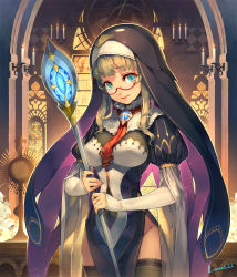 Rule 34 | 1girl, aqua eyes, artist name, black thighhighs, blonde hair, breasts, candle, cape, church, covered erect nipples, cowboy shot, glasses, groin, holding, hood, indoors, jewelry, lace, lace-trimmed legwear, lace trim, long hair, looking at viewer, luoxuan jingjie xian, lvans, no panties, original, pelvic curtain, puffy sleeves, red-framed eyewear, ring, semi-rimless eyewear, side slit, sidelocks, signature, solo, staff, thighhighs, under-rim eyewear, wide sleeves