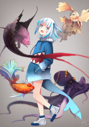 Rule 34 | 1girl, animal hood, animal request, animalization, blue eyes, blue footwear, blue hair, commentary request, fins, fish, fish tail, from side, gawr gura, gawr gura (1st costume), goldfish, gradient background, grey background, hair ornament, hand in pocket, highres, hololive, hololive english, hood, hood down, looking at viewer, medium hair, mori calliope, multicolored hair, ninomae ina&#039;nis, octopus, one side up, open mouth, re lucy, shark hair ornament, shark tail, sharp teeth, shoes, smile, sneakers, solo, streaked hair, tail, takanashi kiara, teeth, virtual youtuber, watson amelia, white hair