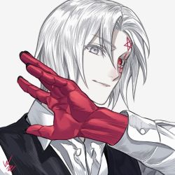 Rule 34 | 1boy, allen walker, black nails, closed mouth, colored skin, d.gray-man, facial mark, fingernails, grey background, grey eyes, grey hair, heterochromia, male focus, nail polish, red eyes, red skin, signature, simple background, smile, solo, upper body, wozue
