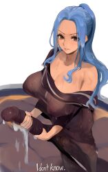 Rule 34 | 1futa, ass, blue hair, breasts, brown eyes, closed mouth, covered erect nipples, cum, english text, futanari, huge breasts, huge penis, long hair, mamimi (mamamimi), nefertari vivi, nipples, one piece, penis, solo, testicles, text focus, translation request, uncensored