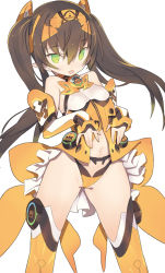 Rule 34 | 1girl, bare shoulders, blade (galaxist), breasts, brown hair, cameltoe, covered erect nipples, detached sleeves, fang, green eyes, hair between eyes, headgear, long hair, navel, orange thighhighs, original, pointy ears, sleeves past wrists, small breasts, smile, solo, thighhighs, twintails
