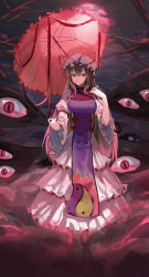 Rule 34 | 1girl, absurdres, blonde hair, breasts, closed mouth, commentary, dress, english commentary, frilled dress, frills, full body, hat, highres, holding, holding umbrella, juliet sleeves, large breasts, long dress, long hair, long sleeves, looking at viewer, mac star, mob cap, moon, night, outdoors, pink umbrella, puffy sleeves, purple dress, red eyes, smile, solo, touhou, umbrella, white dress, white hat, yakumo yukari, yin yang, yin yang print