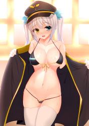 Rule 34 | 1girl, absurdres, bikini, blush, breasts, cape, commentary request, growing naru, hat, heterochromia, highres, jacket, kagura gumi, kagura mea, large breasts, looking at viewer, military hat, open mouth, silver hair, solo, swimsuit, thighhighs, twintails, virtual youtuber, white thighhighs, window