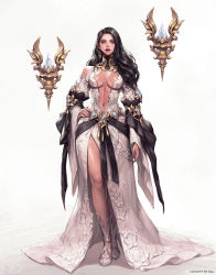 Rule 34 | 1girl, black hair, blue eyes, breasts, cleavage, concept art, crystal, dress, earrings, fantasy, hand on own hip, highres, jewelry, long hair, looking at viewer, magician, medium breasts, navel, original, redbrain, simple background, solo, standing, white background, white dress