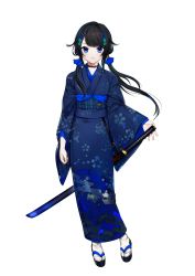 Rule 34 | 1girl, absurdres, black choker, black footwear, black hair, blue eyes, blue flower, blue kimono, blue sash, character request, choker, copyright request, daimaou ruaeru, floral print, flower, full body, hair flower, hair ornament, highres, japanese clothes, katana, kimono, long hair, long sleeves, looking at viewer, low twintails, obi, sandals, sash, scabbard, sheath, sheathed, socks, solo, swept bangs, sword, transparent background, twintails, weapon, white socks, wide sleeves