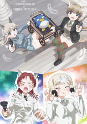 Rule 34 | 4girls, animal ears, bird, blonde hair, blue eyes, blush, bottomless, braid, braided ponytail, breasts, brown hair, cat ears, cat tail, dog ears, eila ilmatar juutilainen, erica hartmann, closed eyes, fox ears, fox tail, gun, highres, hosoinogarou, large breasts, long hair, lynette bishop, military, military uniform, minna-dietlinde wilcke, multiple girls, no panties, open mouth, red hair, short hair, small breasts, strike witches, tail, the untouchables, uniform, weapon, world witches series