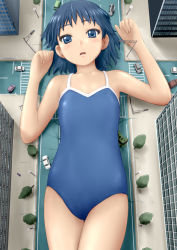 Rule 34 | 1girl, bare shoulders, blue eyes, blue hair, bus, car, city, competition school swimsuit, crosswalk, d:, destruction, flat chest, from above, giant, giantess, highres, intersection, looking at viewer, lying, manzi, matching hair/eyes, motor vehicle, on back, one-piece swimsuit, open mouth, original, road, school swimsuit, short hair, solo, swimsuit, tree, vehicle