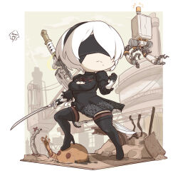 Rule 34 | 1girl, 2b (nier:automata), :&lt;, black blindfold, black dress, black footwear, black hairband, blindfold, boots, chibi, closed mouth, covered eyes, day, dress, feather-trimmed sleeves, feather trim, flying, hairband, hand up, high heel boots, high heels, highres, holding, holding sword, holding weapon, juliet sleeves, kanoko2.0, long sleeves, mole, mole under mouth, nier:automata, nier (series), outdoors, puffy sleeves, robot, solo, sword, thigh boots, thighhighs, thighhighs under boots, weapon, white hair