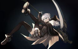 Rule 34 | 1girl, absurdres, boots, braid, cape, fate (series), fingerless gloves, french braid, gloves, gray (fate), green eyes, grey hair, highres, hood, looking at viewer, lord el-melloi ii case files, lumo 1121, plaid, plaid skirt, scythe, short hair, skindentation, skirt, solo, thighhighs, thighs
