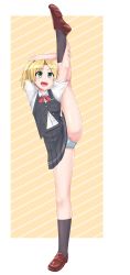 Rule 34 | 1girl, black skirt, black socks, blonde hair, brown footwear, commentary request, dress shirt, full body, gloves, green eyes, highres, kantai collection, kneehighs, leg up, loafers, looking up, maikaze (kancolle), nuppunuppu, panties, parted bangs, pleated skirt, ponytail, red neckwear, red ribbon, ribbon, school uniform, scrunchie, shirt, shoes, short sleeves, skirt, socks, solo, split, standing, standing on one leg, standing split, striped, striped background, underwear, vest, white gloves, white panties, white shirt, yellow background