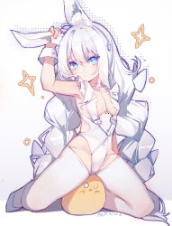 Rule 34 | + +, 1girl, absurdres, ai xiao meng, azur lane, blue eyes, braid, breasts, commentary request, dated, full body, hair between eyes, highleg, highleg leotard, highres, le malin (azur lane), le malin (listless lapin) (azur lane), leotard, long hair, looking at viewer, manjuu (azur lane), official alternate costume, pantyhose, signature, silver hair, simple background, small breasts, solo, twin braids, white background, white leotard, white pantyhose, wrist cuffs