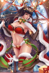 Rule 34 | 1girl, ball, bell, black footwear, black hair, black nails, boots, box, bra, breasts, cape, cape lift, christmas ornaments, cleavage, commentary, english commentary, exlic, fake antlers, fire emblem, fire emblem awakening, fire emblem heroes, fur-trimmed bra, fur-trimmed cape, fur-trimmed panties, fur trim, gift, gift box, green ribbon, grey eyes, head tilt, highres, large breasts, light smile, long hair, looking at viewer, nail polish, navel, nintendo, panties, red bra, red cape, red panties, red ribbon, red thighhighs, ribbon, snowflakes, solo, striped ribbon, tharja (fire emblem), tharja (winter) (fire emblem), thigh boots, thighhighs, tiara, two side up, underwear, window