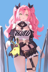 Rule 34 | 1girl, absurdres, bare shoulders, black ribbon, black shorts, blue background, breasts, cleavage, clothing cutout, commentary request, cowboy shot, cutoffs, gong cha, hair between eyes, hair ribbon, highres, long hair, long sleeves, looking at viewer, medium breasts, midriff, multicolored hair, navel, nicole demara, pink hair, ribbon, shorts, shoulder cutout, simple background, solo, standing, stomach, strapless, thighs, tube top, two-tone hair, very long hair, yellow eyes, zenless zone zero