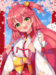 Rule 34 | 1girl, 35p (sakura miko), ahoge, bare shoulders, bell, cat, cherry blossom print, cherry blossoms, detached sleeves, floral print, green eyes, hair bell, hair ornament, hairclip, highres, hololive, looking at viewer, mi taro333, paw print, paw print pattern, pink hair, sakura miko, sakura miko (1st costume), virtual youtuber, x hair ornament