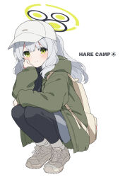Rule 34 | 1girl, black pantyhose, blue archive, blush, closed mouth, full body, green eyes, green halo, green jacket, grey footwear, grey hair, grey shorts, halo, hare (blue archive), hare (camp) (blue archive), hat, highres, hood, hood down, hooded jacket, jacket, long hair, long sleeves, looking at viewer, mochigome (ununquadium), official alternate costume, open clothes, open jacket, pantyhose, ponytail, shoes, shorts, simple background, smile, solo, squatting, white background, white hat