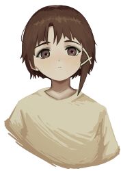 Rule 34 | 1girl, absurdres, asymmetrical hair, brown eyes, brown hair, closed mouth, commentary request, cropped torso, expressionless, hair ornament, highres, iwakura lain, looking at viewer, luce65535, serial experiments lain, shirt, short hair, simple background, single sidelock, solo, white background, white shirt, x hair ornament