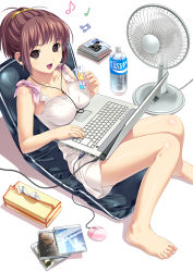 Rule 34 | 1girl, :d, ahoge, barefoot, blush, body blush, bottle, bow, brand name imitation, breast rest, breasts, brown eyes, brown hair, cable, cd case, chair, computer, dress, earbuds, earphones, electric fan, feet, from side, holding, keyboard (computer), knees together feet apart, koutaro, laptop, looking at viewer, lowres, medium breasts, mouse (computer), musical note, open mouth, original, pocari sweat, ponytail, quaver, reclining, scrunchie, shadow, short dress, short hair, sitting, skirt, sleeveless, smile, solo, tissue, tissue box, toenails, toes, water bottle, white background, white skirt