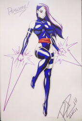 Rule 34 | 1girl, bare shoulders, blue leotard, breasts, covered navel, energy sword, fingerless gloves, gloves, glowing, glowing hand, highleg, highleg leotard, impossible clothes, impossible leotard, large breasts, leotard, lips, long hair, looking to the side, marvel, psylocke, revealing clothes, robaato, sash, shiny clothes, simple background, skin tight, solo, superhero costume, sword, thong leotard, weapon, white background, x-men