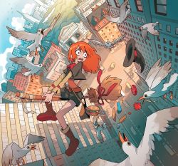Rule 34 | 1girl, bag, bird, boots, bread, broom, broom riding, building, carles dalmau, city, cropped jacket, flying, food, from above, unworn headwear, highres, long hair, open mouth, orange hair, original, outdoors, red eyes, red neckwear, sandwich, seagull, shorts, skyscraper, tomato, witch, worried
