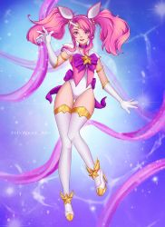 Rule 34 | 1girl, absurdres, alternate costume, alternate hair color, alternate hairstyle, boots, choker, elbow gloves, female focus, gloves, high heel boots, high heels, highres, league of legends, leotard, lipstick, lux (league of legends), magical girl, makeup, pink hair, ribbon, solo, star guardian (league of legends), star guardian lux, thighhighs, tiara, twintails, white gloves