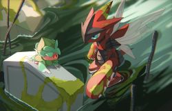 Rule 34 | aqua eyes, claws, creatures (company), eye contact, fomantis, from above, game freak, gen 2 pokemon, gen 7 pokemon, highres, insect wings, looking at another, mega pokemon, mega scizor, moss, nintendo, no humans, outdoors, pokemon, pokemon (creature), scizor, two pokemon, wading, water, wings