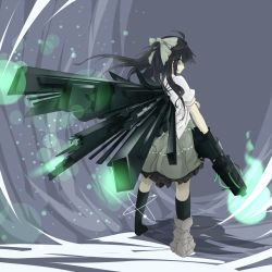 Rule 34 | 1girl, ahoge, alternate wings, arm cannon, black hair, black socks, black wings, blouse, boots, bow, frilled skirt, frills, from behind, full body, green bow, green eyes, green skirt, grey background, grey footwear, hair bow, knee boots, kneehighs, legs apart, light particles, long hair, mechanical wings, muted color, ponytail, puffy short sleeves, puffy sleeves, reiuji utsuho, shirt, short sleeves, single boot, skirt, socks, solo, standing, touhou, tyouseki, weapon, white shirt, wings