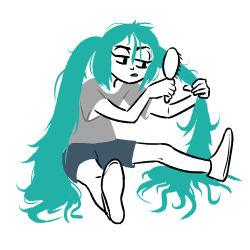 Rule 34 | 1girl, aqua hair, black shorts, blue theme, brushing, full body, grey shirt, hatsune miku, highres, holding, holding hair, limited palette, long hair, shirt, shoes, short sleeves, shorts, simple background, sitting, solo, spot color, truffleduster, very long hair, vocaloid, white background