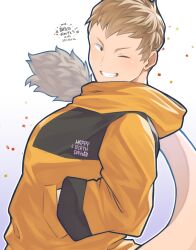 Rule 34 | 1boy, boku no hero academia, grin, hand in pocket, highres, hood, hoodie, light blush, light brown hair, lion tail, looking at viewer, male focus, ojiro mashirao, one eye closed, osu (osumankokuou), short hair, smile, solo, tail, thick tail, translation request, upper body