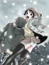 Rule 34 | 1boy, 1girl, asphyxiation, beanie, bicycle, black hair, chawanmushi, clothes lift, hat, mittens, multiple riders, original, panties, scarf, short hair, skirt, skirt lift, snow, standing, strangling, thighhighs, underwear, wind, wind lift