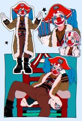 Rule 34 | aqua eyes, bicorne, black footwear, blue background, blue hair, boots, brown coat, brown pants, brown shirt, buggy the clown, clown, coat, double middle finger, facepaint, full body, fur-trimmed coat, fur trim, gloves, hand on own head, hands up, hat, head rest, highres, holding, holding knife, knife, leaning to the side, long hair, male focus, middle finger, multicolored vest, multiple knives, multiple views, nasi w2, on chair, one piece, one piece (live action), open clothes, open coat, pants, pirate hat, red headwear, shirt, simple background, sitting, skull and crossbones, smile, spread legs, standing, white gloves
