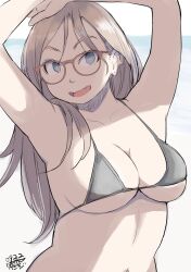 Rule 34 | 1girl, :d, absurdres, arms up, bikini, blue eyes, breasts, brown hair, dated, glasses, hadashi no kenji, highres, long hair, medium breasts, navel, open mouth, original, smile, solo, standing, swimsuit