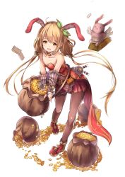 Rule 34 | 10s, 1girl, :d, absurdres, animal ears, bare shoulders, black pantyhose, blonde hair, coin, collarbone, detached collar, dice hair ornament, flat chest, full body, futaba anzu, gold bar, granblue fantasy, hair ornament, hamidashi-kun, highres, idolmaster, idolmaster cinderella girls, leaning forward, leaning to the side, long hair, low twintails, open mouth, orange eyes, pantyhose, peace symbol, pleated skirt, rabbit ears, red skirt, sack, shoes, simple background, sketch, skirt, smile, standing, stuffed animal, stuffed rabbit, stuffed toy, twintails, very long hair, white background